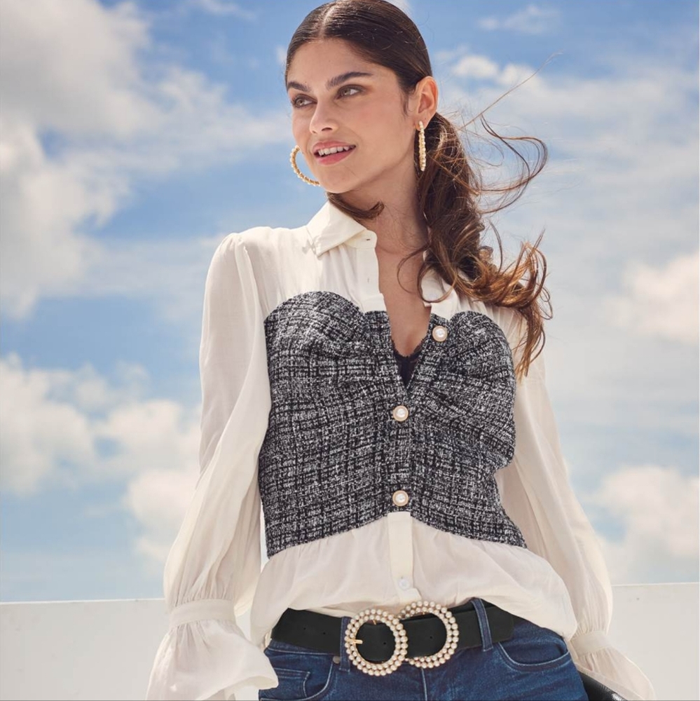 Womans Tweed Bustier Blouse with Pearl Detail Buttons